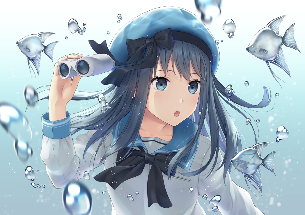 aliasing, animal, black_hair, blue_eyes, bow, bubbles, daidai_jamu, fish