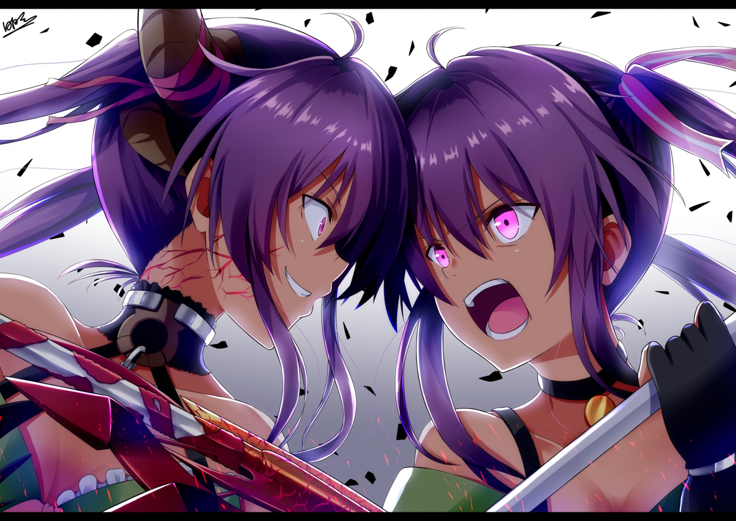 close, crossover, ebisuzawa_kurumi, gakkou_gurashi!, hinata_tino, kirara_fantasia, pink_eyes, purple_eyes, short_hair, signed, weapon