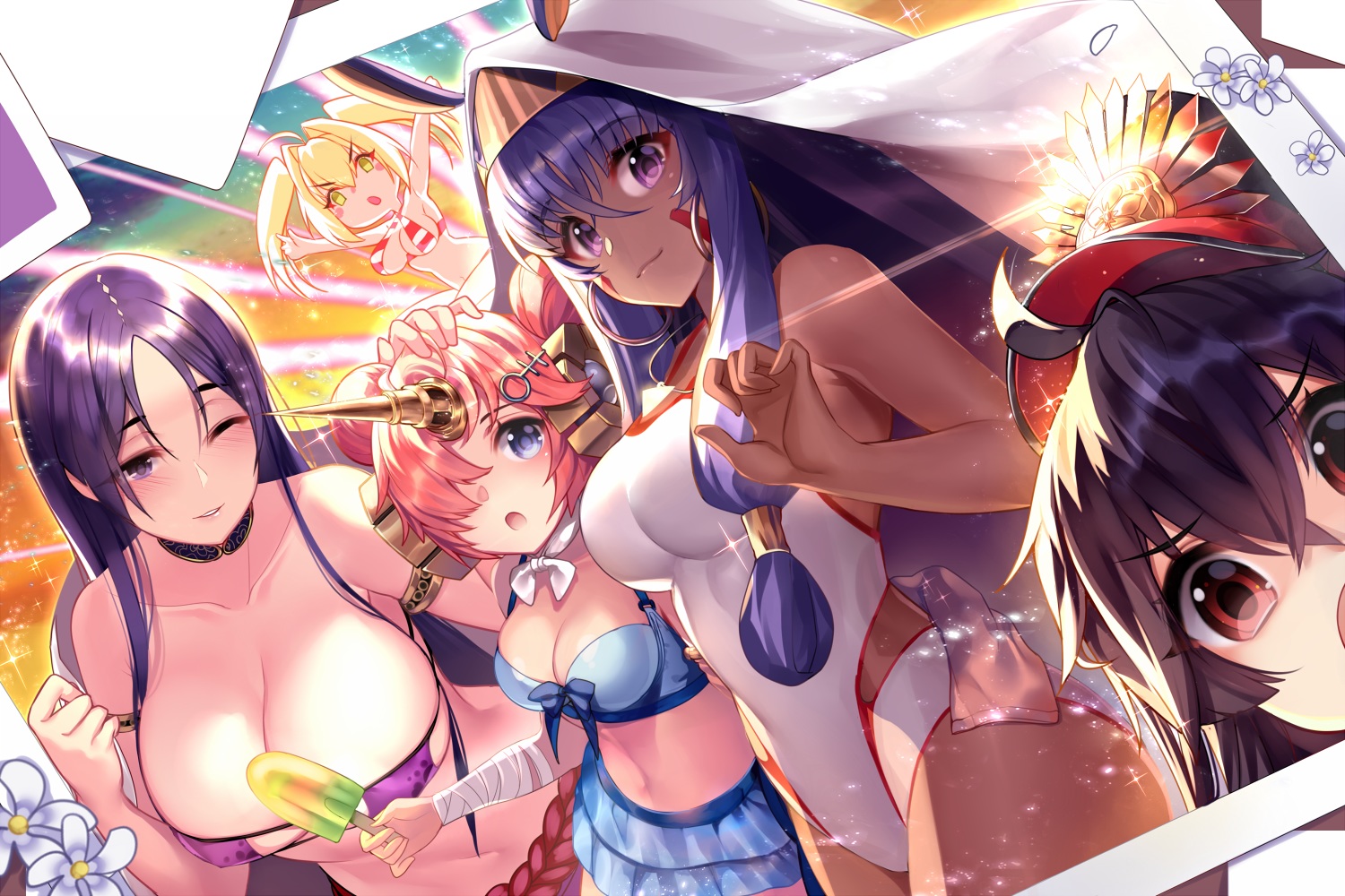 bandage, bikini, black_hair, blonde_hair, blue_eyes, braids, breasts, cleavage, dark_skin, fate/grand_order, fate_(series), frankenstein, gendo0033, group, hat, long_hair, minamoto_no_yorimitsu_(fate), navel, nero_claudius_(fate), nitocris_(fate/grand_order), nobunaga_oda_(fate), pink_hair, ponytail, popsicle, purple_eyes, purple_hair, red_eyes, swimsuit, twintails, wink, yellow_eyes