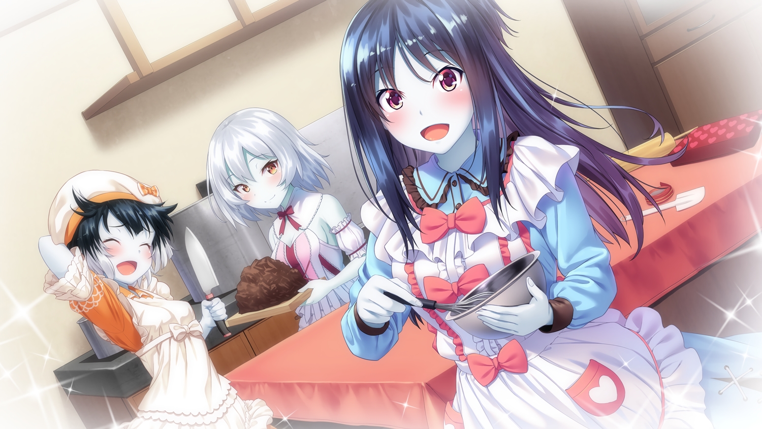 aleister_air, anna_tristos, apron, black_hair, blush, bow, candy, chocolate