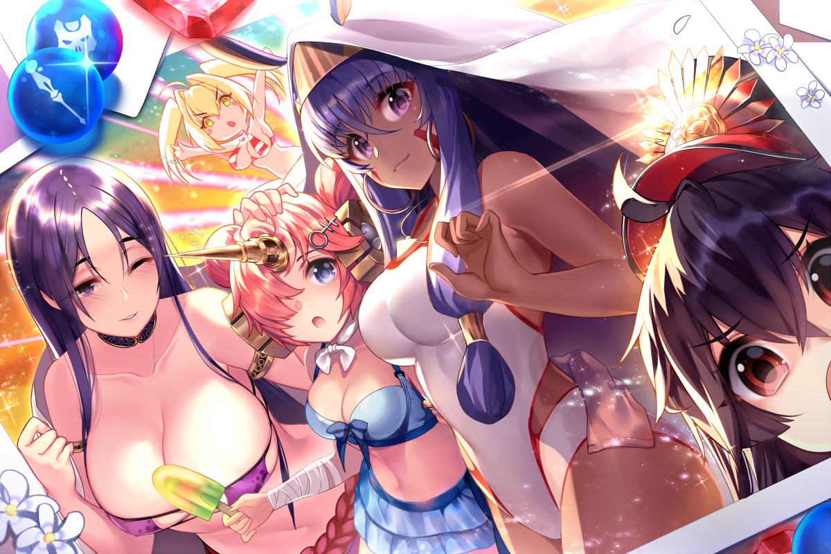 bandage, bikini, black_hair, blonde_hair, blue_eyes, braids, breasts, cleavage, dark_skin, fate/grand_order, fate_(series), frankenstein, gendo0033, group, hat, long_hair, minamoto_no_yorimitsu_(fate), navel, nero_claudius_(fate), nitocris_(fate/grand_order), nobunaga_oda_(fate), pink_hair, ponytail, popsicle, purple_eyes, purple_hair, red_eyes, swimsuit, twintails, wink, yellow_eyes