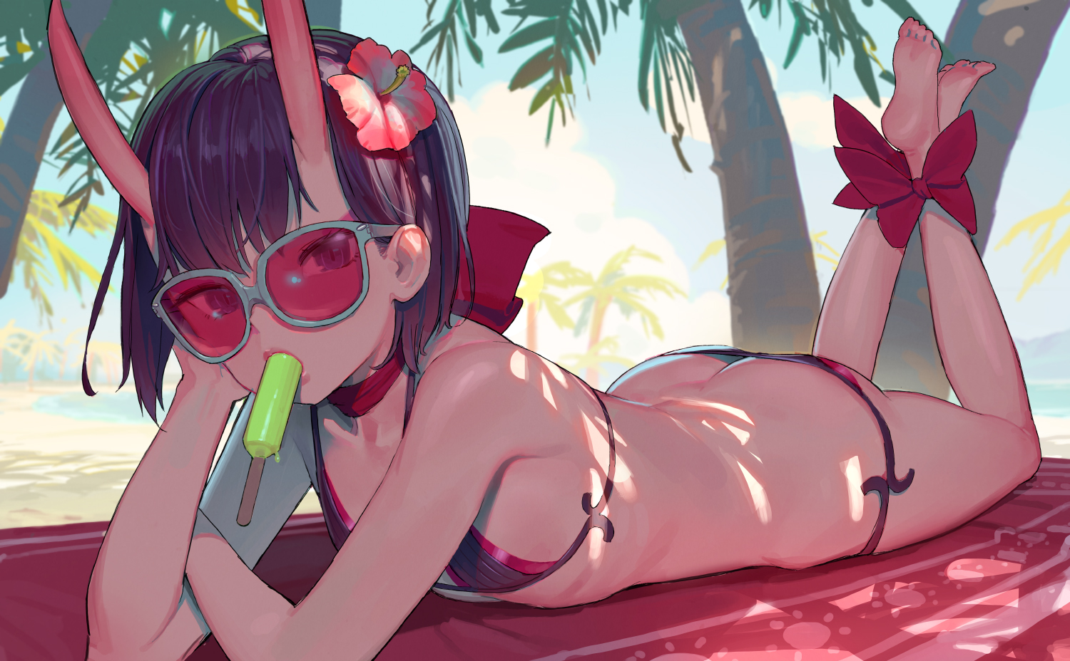ass, barefoot, bikini, demon, fate/grand_order, fate_(series), flat_chest, flowers