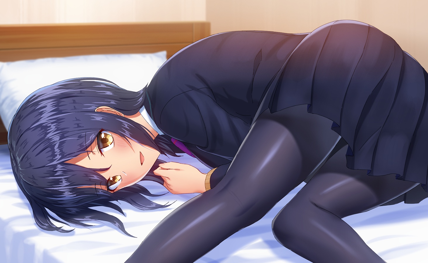 bed, blue_hair, blush, mikomiko_(mikomikosu), nijisanji, pantyhose, shizuka_rin, short_hair, skirt, yellow_eyes