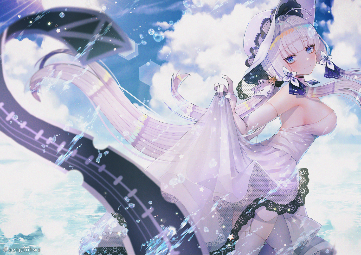 anthropomorphism, azur_lane, blue_eyes, breasts, clouds, dress, elbow_gloves, garter_belt