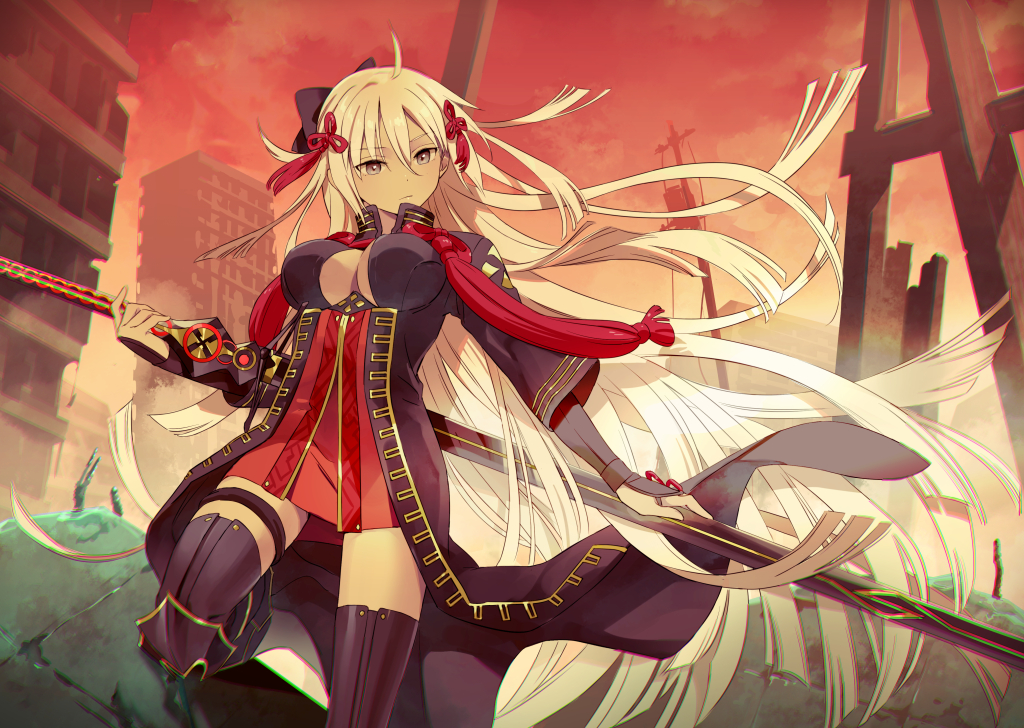 aliasing, armor, blonde_hair, breasts, building, city, cleavage, dress