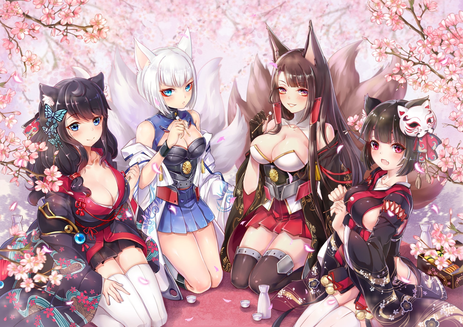 akagi_(azur_lane), animal_ears, anthropomorphism, aqua_eyes, azur_lane, black_hair, blush, breasts, brown_hair, catgirl, cherry_blossoms, cleavage, death-the-cat, drink, fang, flowers, foxgirl, fusou_(azur_lane), gloves, group, japanese_clothes, kaga_(azur_lane), long_hair, multiple_tails, petals, red_eyes, sake, short_hair, skirt, tail, thighhighs, white_hair, yamashiro_(azur_lane), yukata, zettai_ryouiki