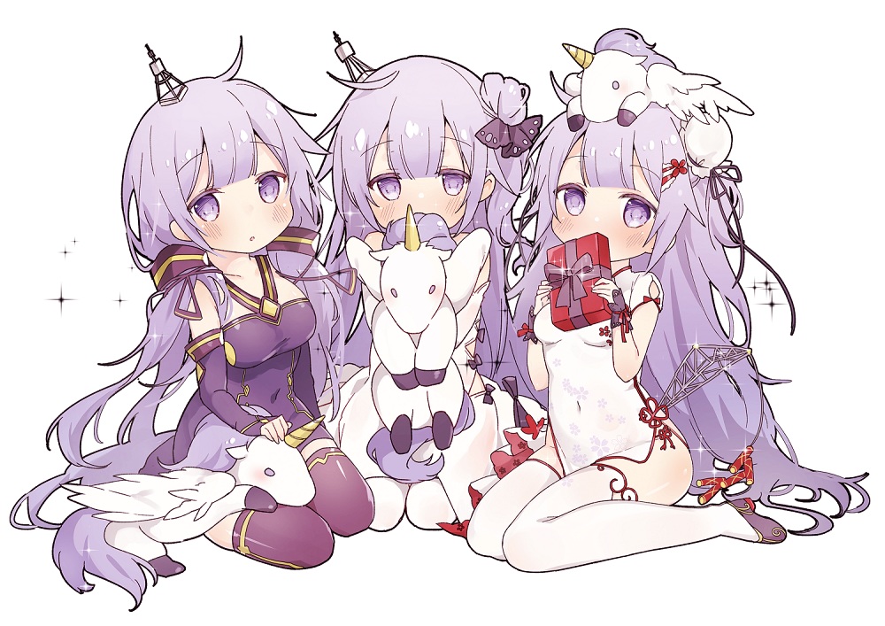 aliasing, anthropomorphism, azur_lane, chinese_clothes, chinese_dress, dress, long_hair, purple_eyes, purple_hair, thighhighs, tsuka, twintails, unicorn_(azur_lane), vocaloid, vsinger, white, xingchen