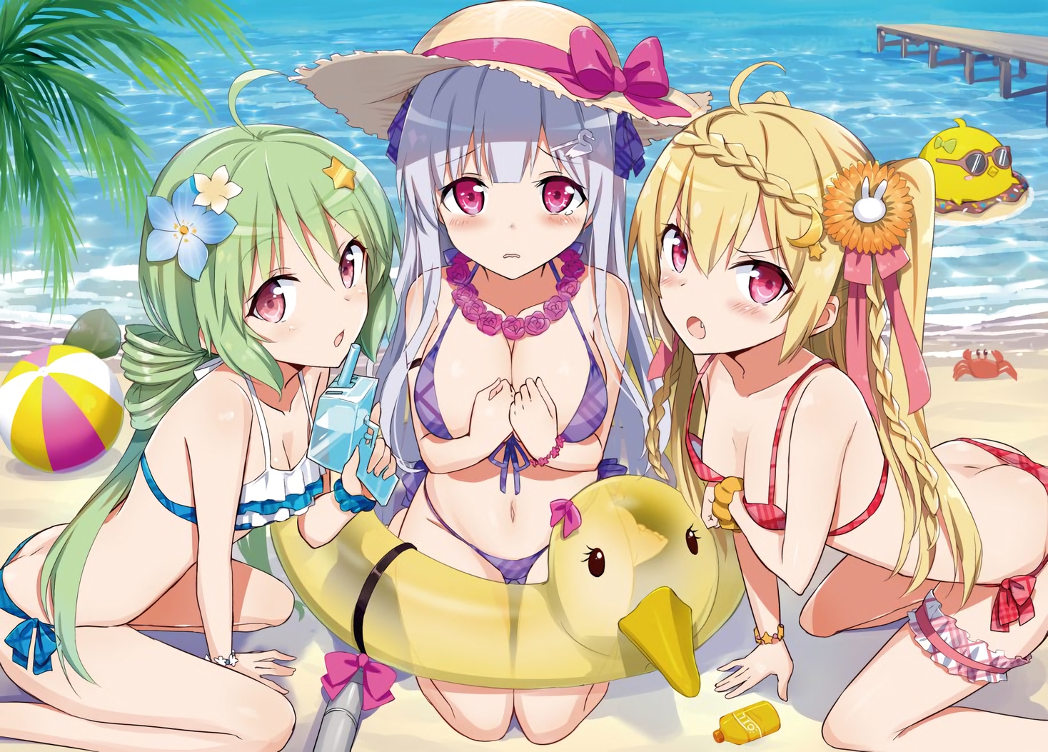 animal, anthropomorphism, ass, azur_lane, ball, beach, bikini, blonde_hair, blush, bow, braids, breast_hold, breasts, cleavage, comet_(azur_lane), crab, crescent_(azur_lane), cygnet_(azur_lane), fang, garter, gotyou, gray_hair, green_hair, long_hair, manjuu_(azur_lane), navel, necklace, pink_eyes, swim_ring, swimsuit, tears, twintails, waifu2x, water, wristwear