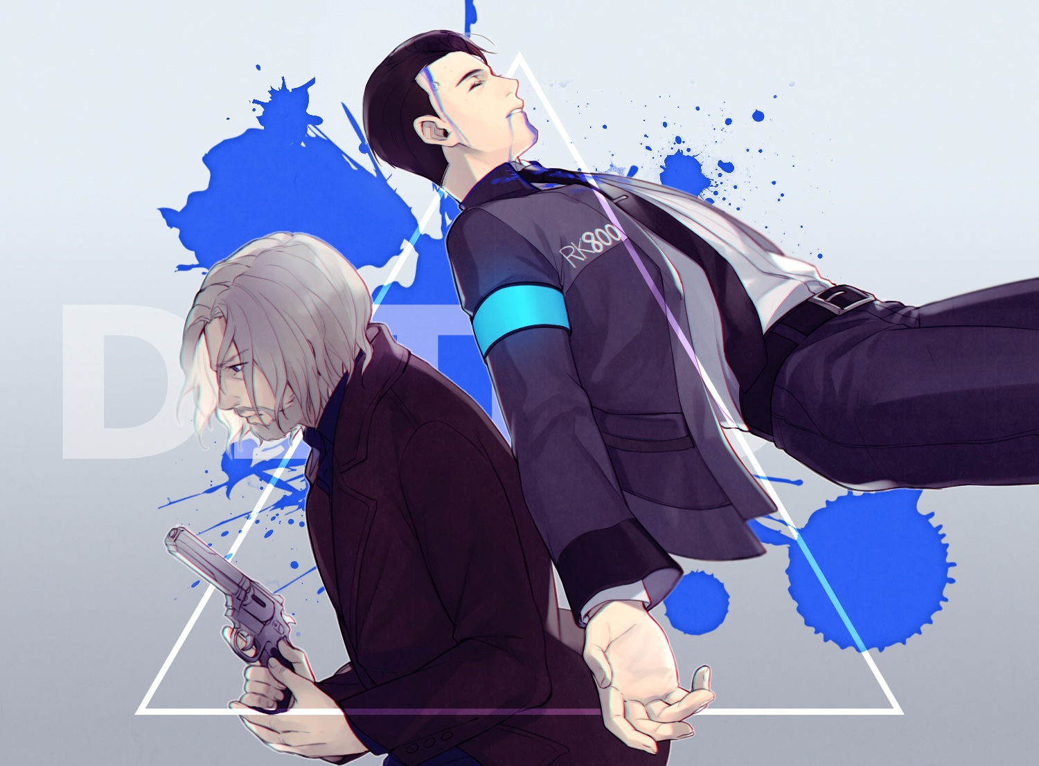 all_male, black_hair, blood, byakuya0315, connor_(detroit:_become_human), detroit:_become_human, gradient, gray_hair, gun, hank_anderson, male, robot, short_hair, suit, tie, weapon