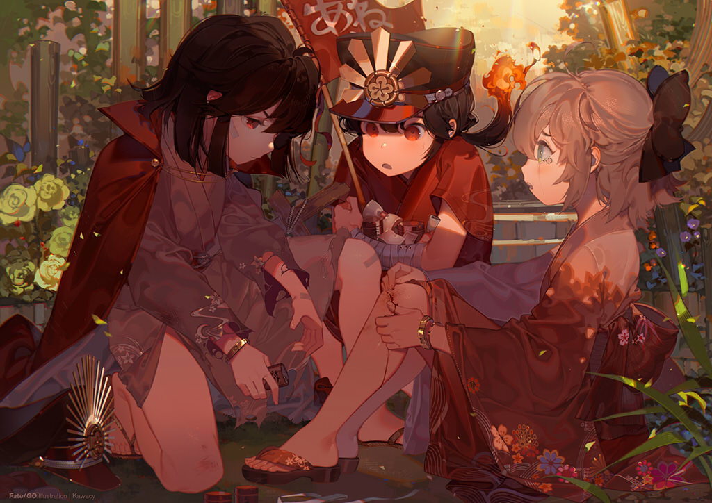 bandage, bandaid, blonde_hair, blood, blue_eyes, brown_hair, cape, crying