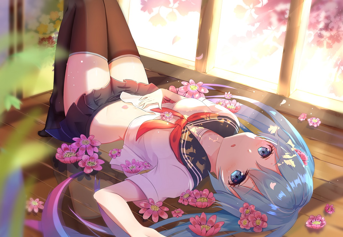 aliasing, aqua_eyes, aqua_hair, flowers, hatsune_miku, long_hair, mobu_(wddtfy61), reflection, school_uniform, skirt, thighhighs, twintails, vocaloid, zettai_ryouiki
