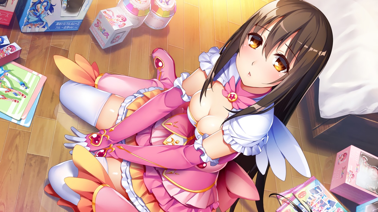 boots, breasts, brown_hair, cleavage, cosplay, front_wing, game_cg, ino
