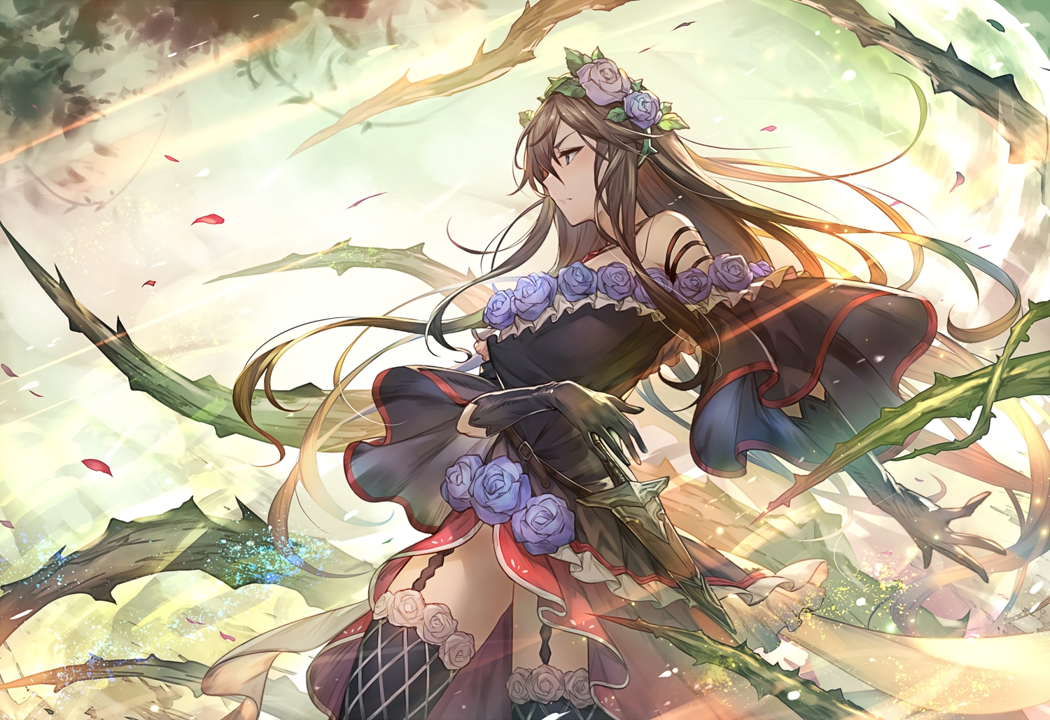 blue_eyes, brown_hair, dress, flowers, gloves, granblue_fantasy, headband, kakage