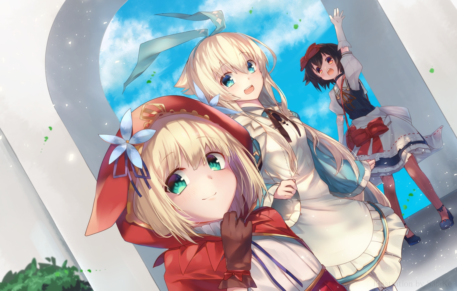 83fake, alice_in_wonderland, alice_(wonderland), apron, aqua_eyes, black_hair, blonde_hair, blush