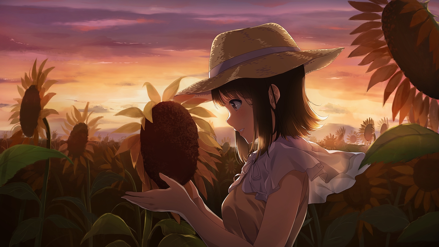 brown_hair, clouds, dark, flowers, hat, narumi_nanami, original, scenic