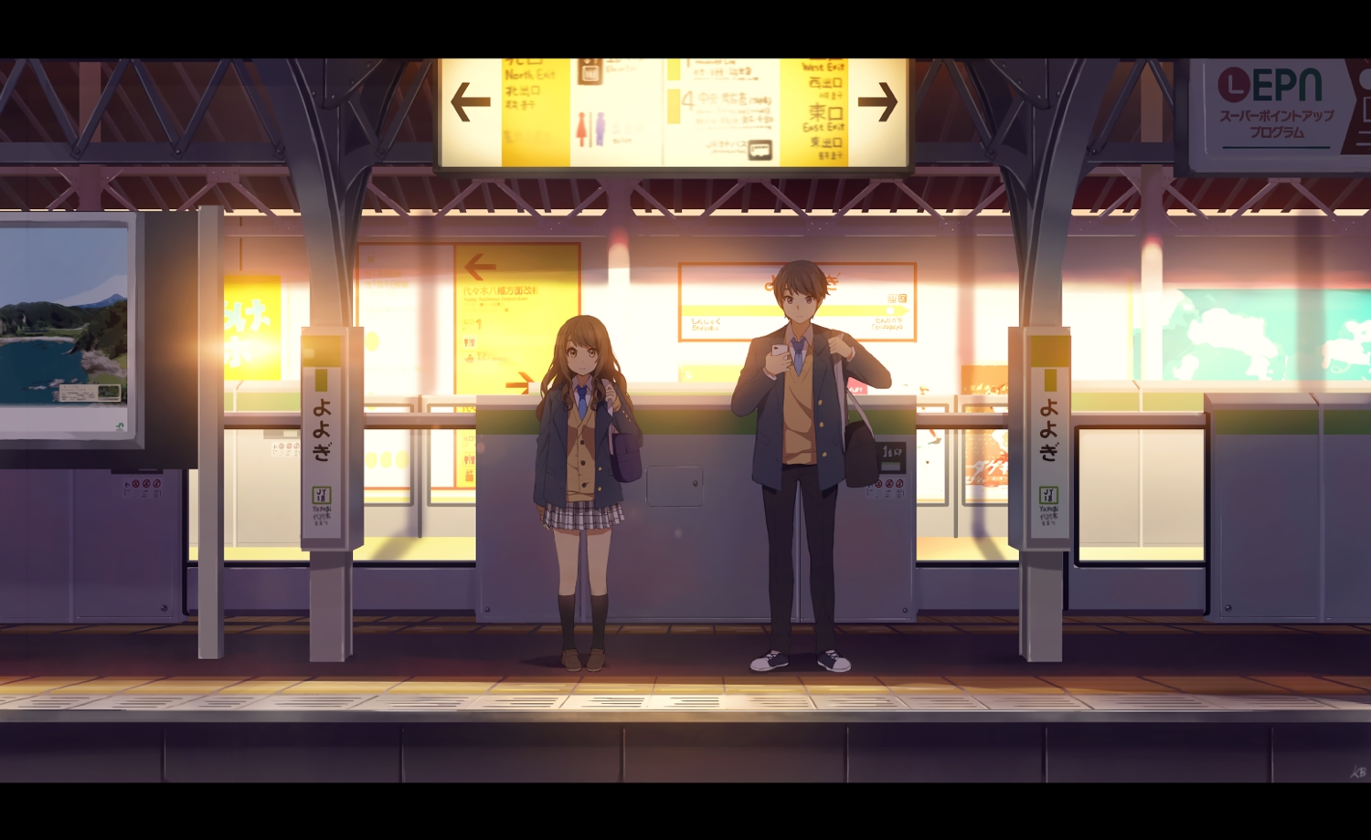 brown_eyes, brown_hair, kim_bae-eo, kneehighs, long_hair, male, original, scenic, skirt, tie, train