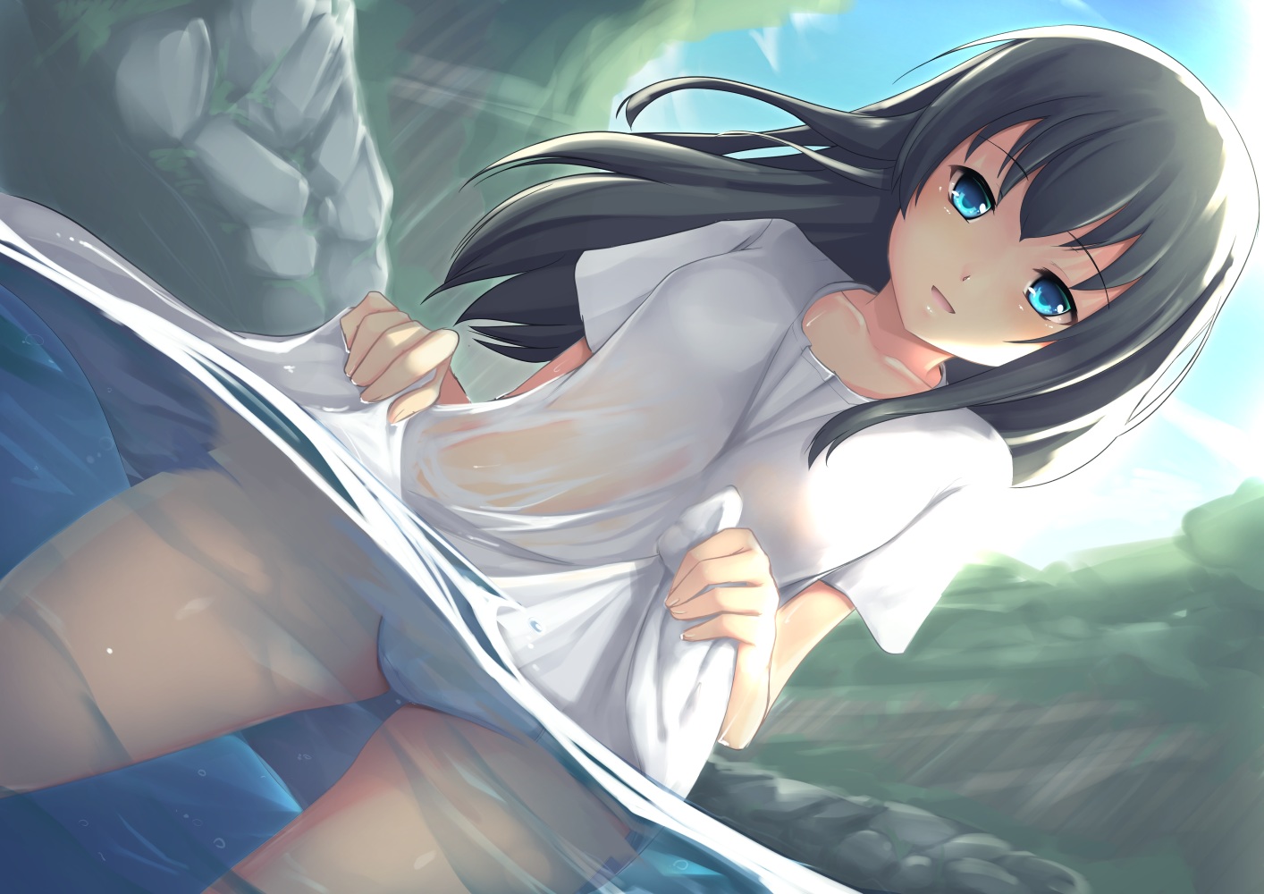 aqua_eyes, black_hair, long_hair, original, panties, see_through, shirt_lift, totsuka_habari, underwear, water