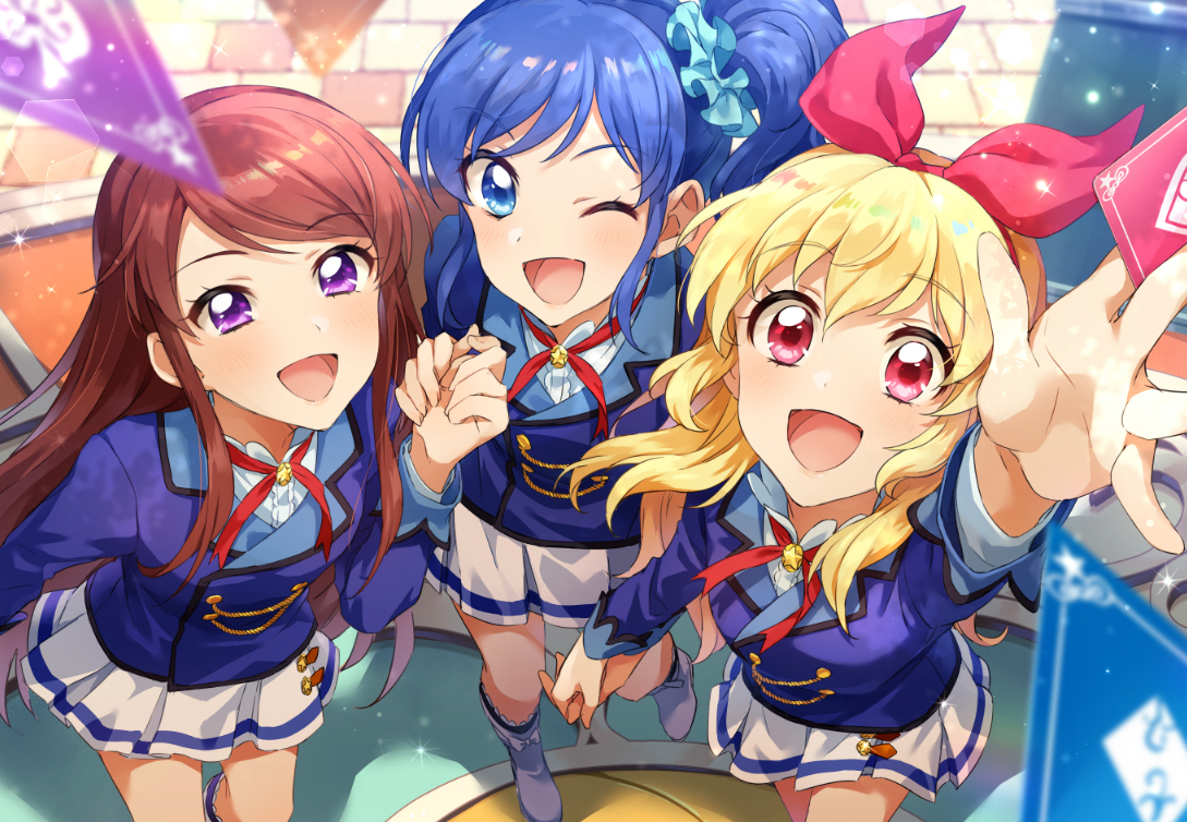 aikatsu!, aqua_eyes, blonde_hair, blue_hair, boots, brown_hair, headband, hoshimiya_ichigo