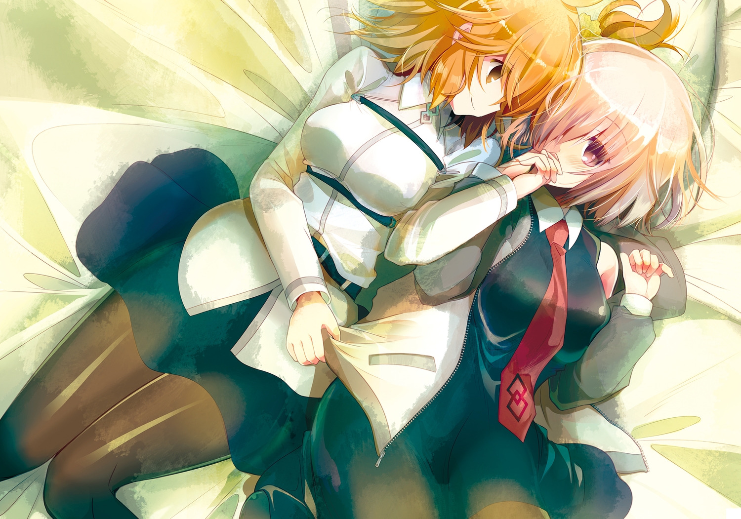 2girls, bed, fate/grand_order, fate_(series), fujimaru_ritsuka_(female), mash_kyrielight, orange_eyes, orange_hair