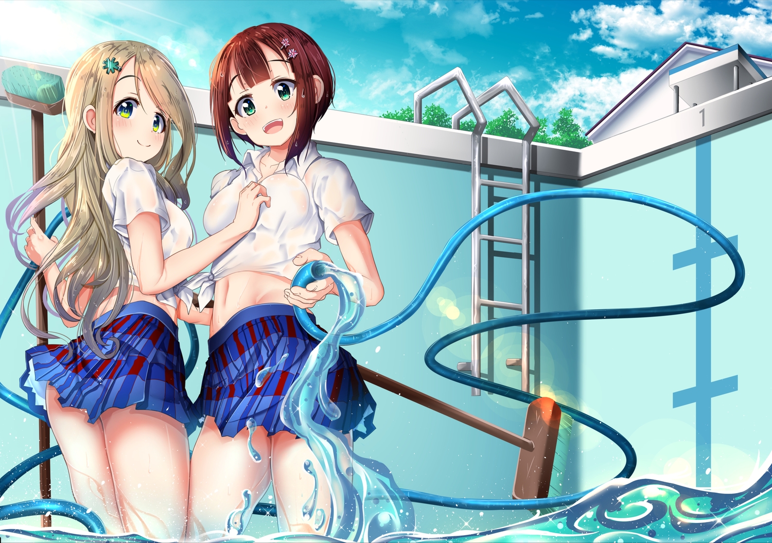 2girls, ayase_arisa, blonde_hair, blush, clouds, green_eyes, kousaka_yukiho, long_hair
