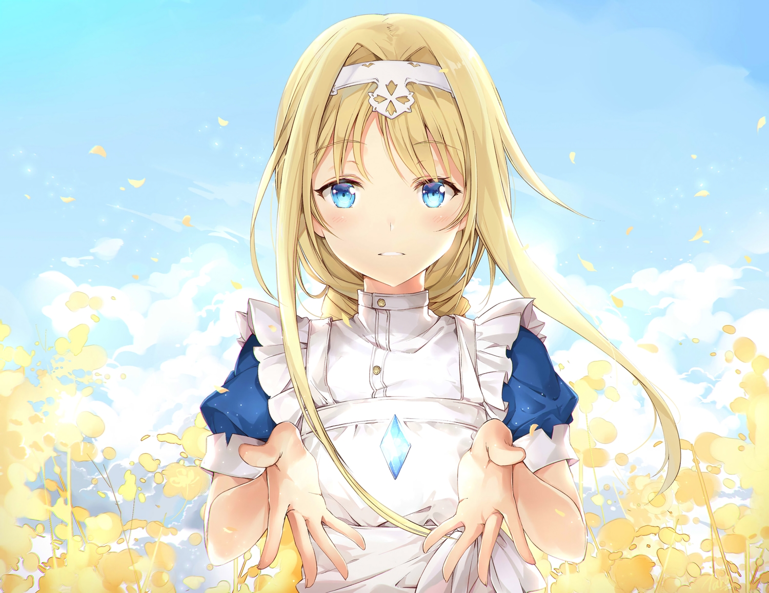 alice_zuberg, aqua_eyes, blonde_hair, clouds, dress, flowers, headdress, long_hair, petals, sky, sword_art_online, taro_(ultrataro)