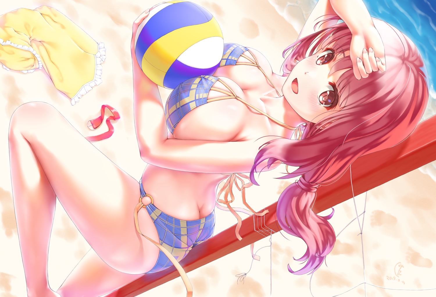 ass, ball, beach, bikini, breasts, cleavage, etsunami_kumita, harukana_receive, long_hair, oozora_haruka, pink_hair, red_eyes, sport, swimsuit, volleyball