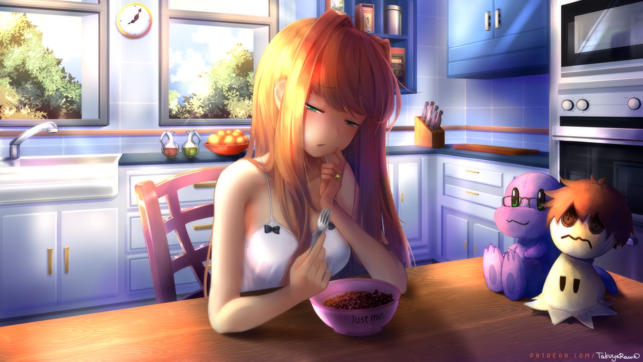 blush, crossover, doki_doki_literature_club!, dress, food, fruit, glasses, green_eyes