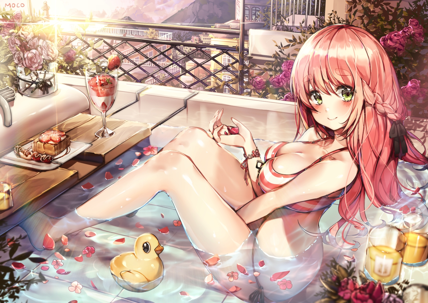 barefoot, bath, bathtub, bikini, blush, braids, breasts, building, cleavage, flowers, food, fruit, green_eyes, leaves, long_hair, mo:oku, original, petals, pink_hair, rooftop, rose, rubber_duck, scenic, signed, strawberry, swimsuit, water