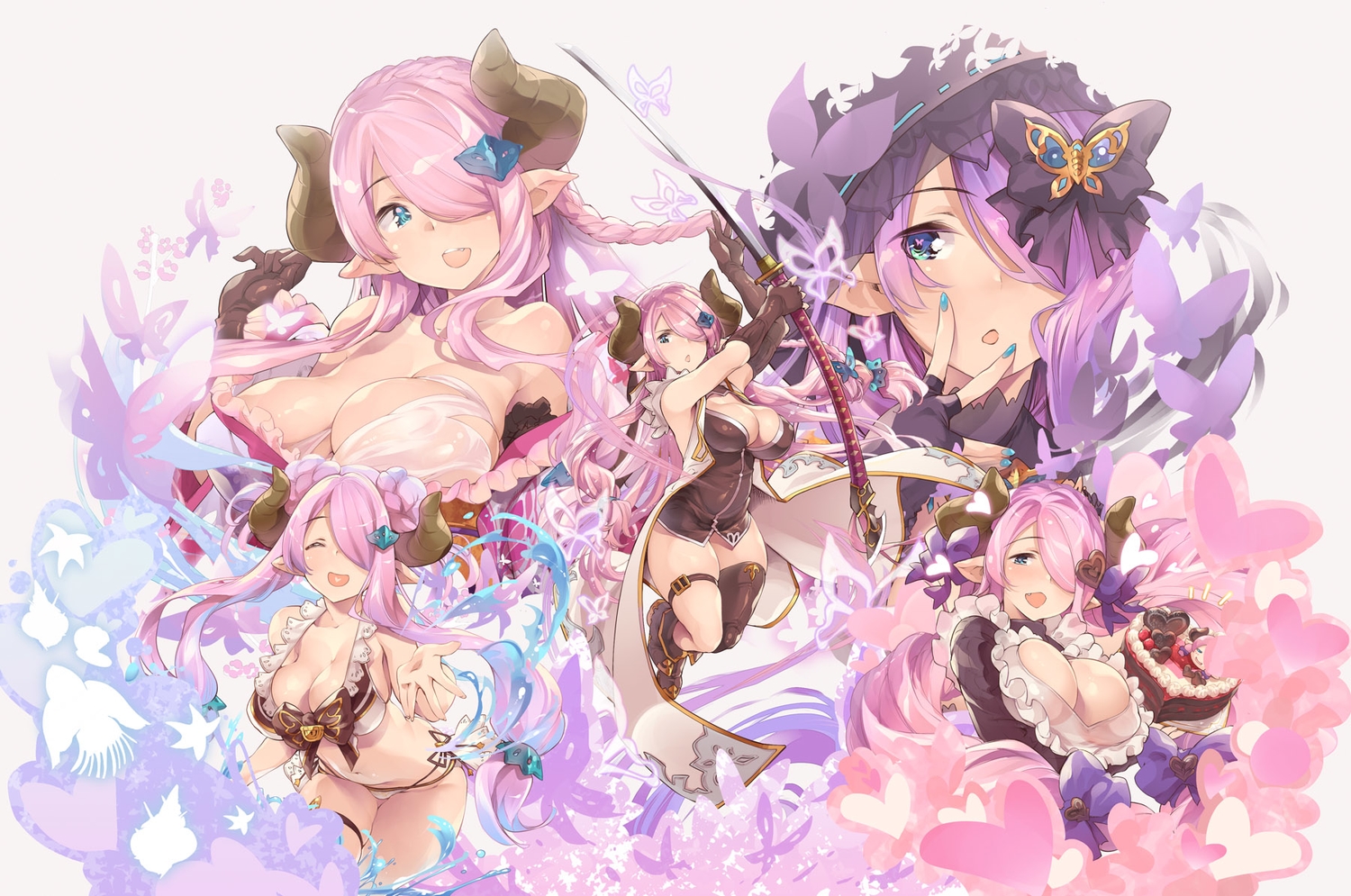 braids, breasts, cleavage, elbow_gloves, gloves, granblue_fantasy, green_eyes, horns, jpeg_artifacts, long_hair, narmaya_(granblue_fantasy), pointed_ears, purple_hair, sword, thomasz, weapon