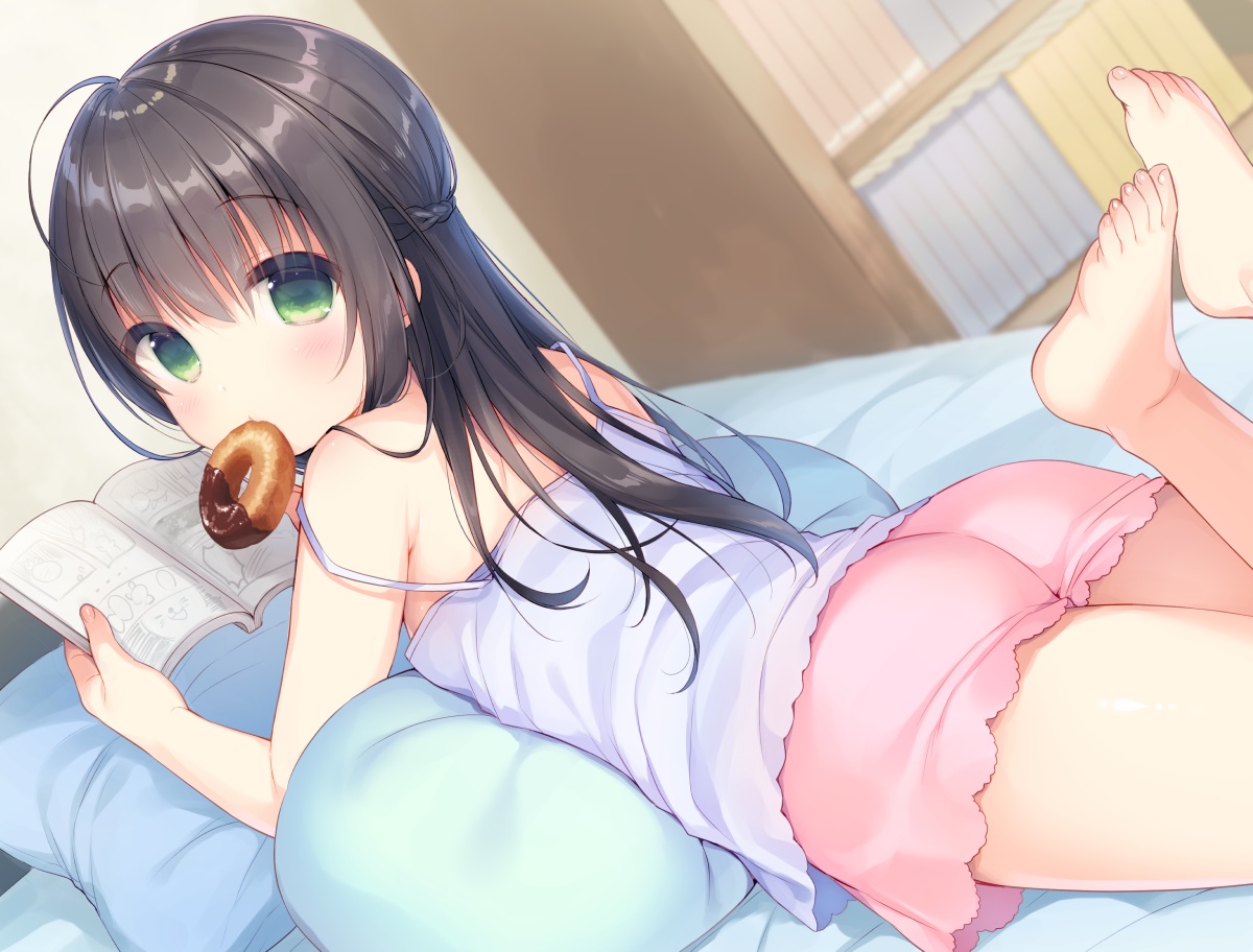 ass, barefoot, bed, black_hair, book, candy, chocolate, food, green_eyes, loli, long_hair, original, shorts, usashiro_mani