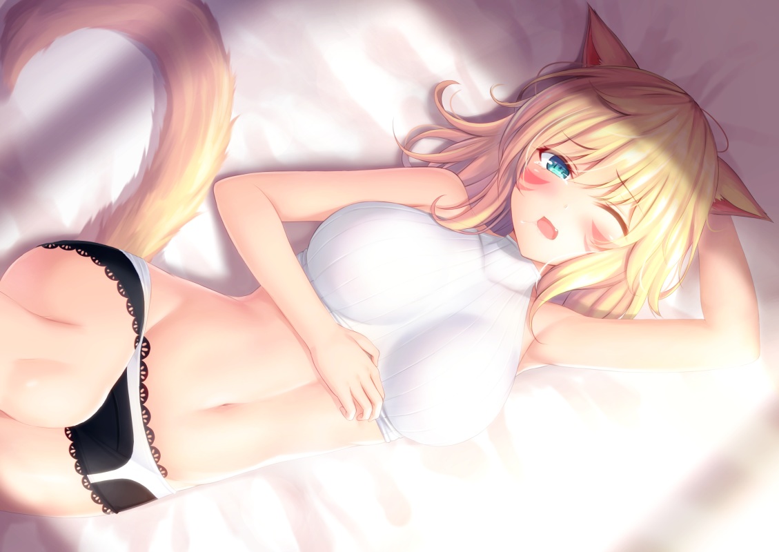 animal_ears, aqua_eyes, blush, catgirl, fang, final_fantasy, final_fantasy_xiv, miqo'te, mutsuba_fumi, navel, skintight, tail, wink