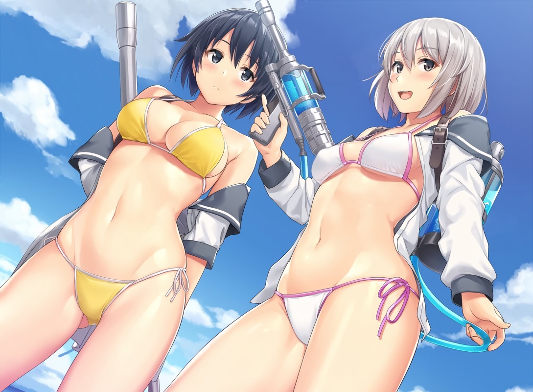 2girls, bikini, black_eyes, black_hair, blush, breasts, cleavage, clouds, cropped, gray_eyes, gray_hair, gun, navel, original, sawada_yuusuke, school_uniform, short_hair, sky, swimsuit, weapon