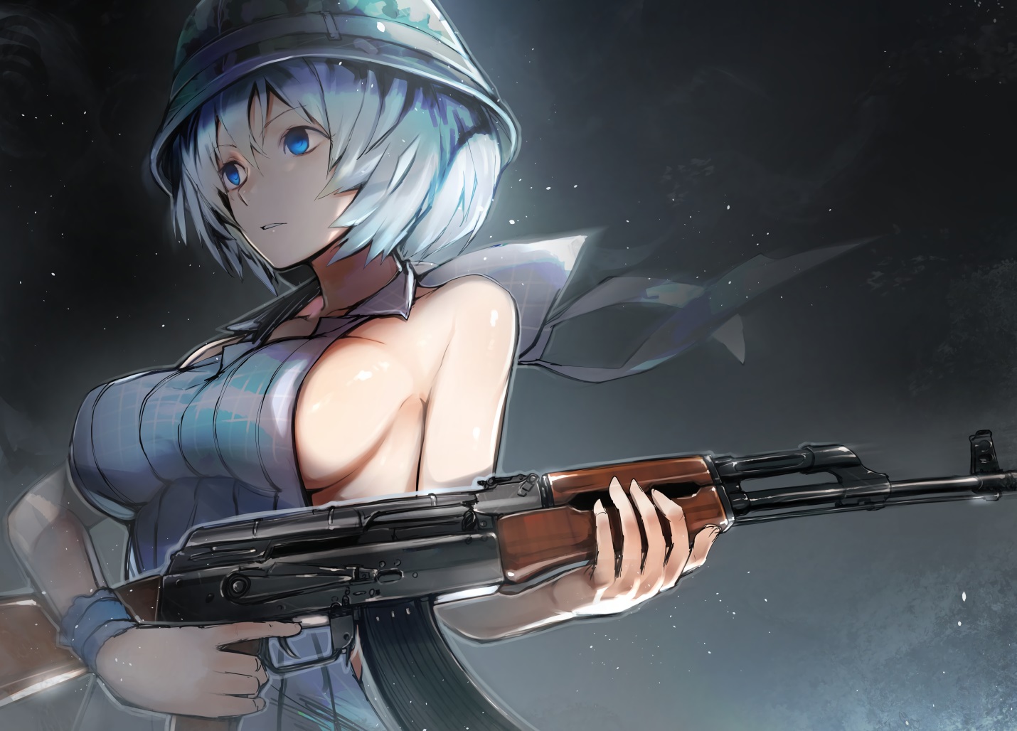 blue_eyes, breasts, cropped, dennou_shoujo_youtuber_shiro, gun, hat, nishiide_kengorou, shiro_(dennou_shoujo_youtuber_shiro)