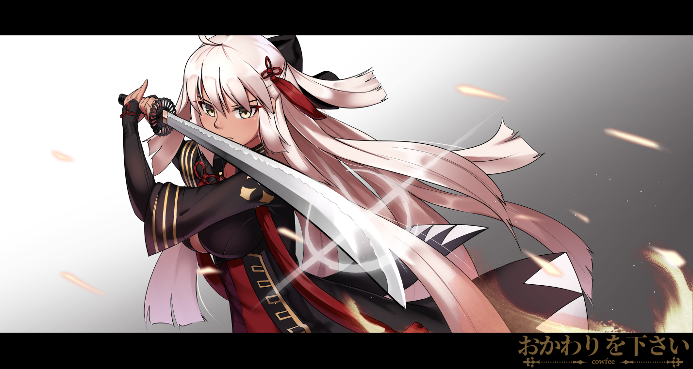 aliasing, breasts, cowfee, dark_skin, dress, fate/grand_order, fate_(series), gradient, katana, long_hair, okita_souji_alter, okita_souji_(fate), pink_hair, sword, watermark, weapon, yellow_eyes