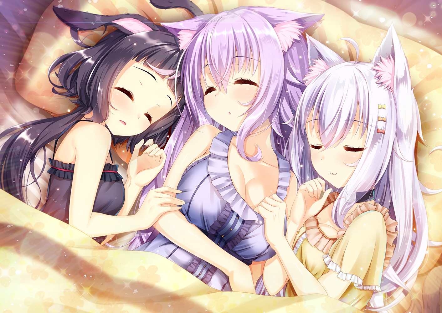 akine_(kuroyuri), animal_ears, bed, black_hair, breasts, bunny_ears, bunnygirl, catgirl
