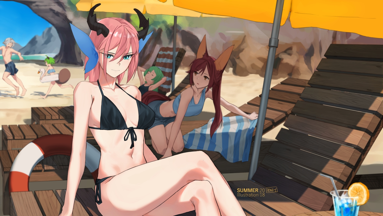 animal_ears, aqua_eyes, beach, bikini, breasts, gray_hair, green_hair, group, horns, kndy, loli, long_hair, male, orange_eyes, original, pink_hair, red_hair, shade, short_hair, signed, swim_ring, swimsuit, towel, umbrella, water