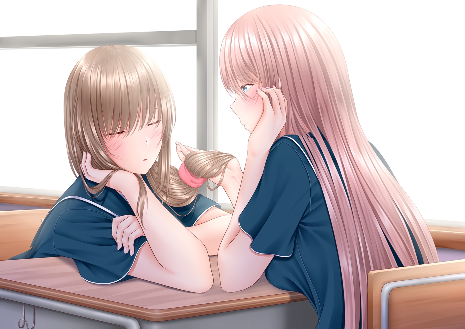 2girls, brown_hair, long_hair, naginagiwaffle, original, ponytail, school_uniform, shoujo_ai