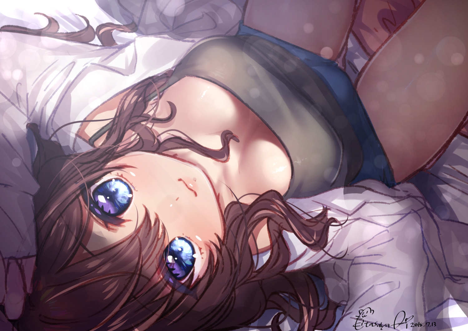 blue_eyes, breasts, brown_hair, cat_smile, close, ichinose_shiki, idolmaster, idolmaster_cinderella_girls, kitasaya_ai, long_hair, shorts, signed