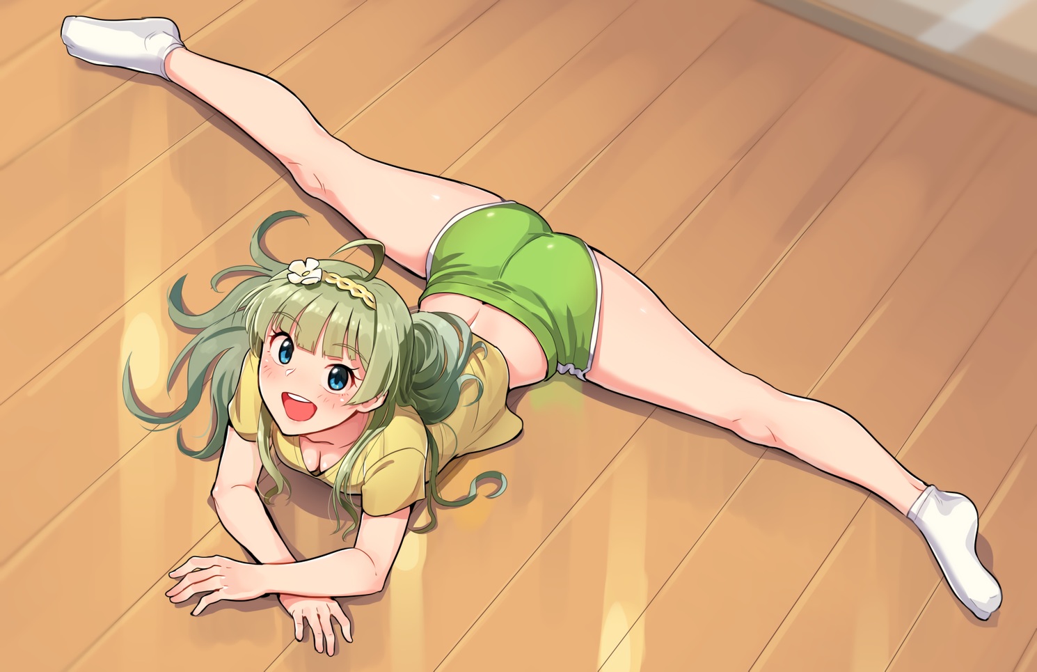 ass, blue_eyes, breasts, cleavage, cropped, green_hair, headband, idolmaster, idolmaster_million_live!, kamille_(vcx68), long_hair, shimabara_elena, shorts, socks, waifu2x