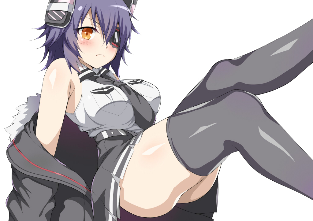 anthropomorphism, blush, breasts, eyepatch, kantai_collection, orange_eyes, purple_hair, school_uniform, short_hair, tenryuu_(kancolle), thighhighs, tie, toshishikisai, white