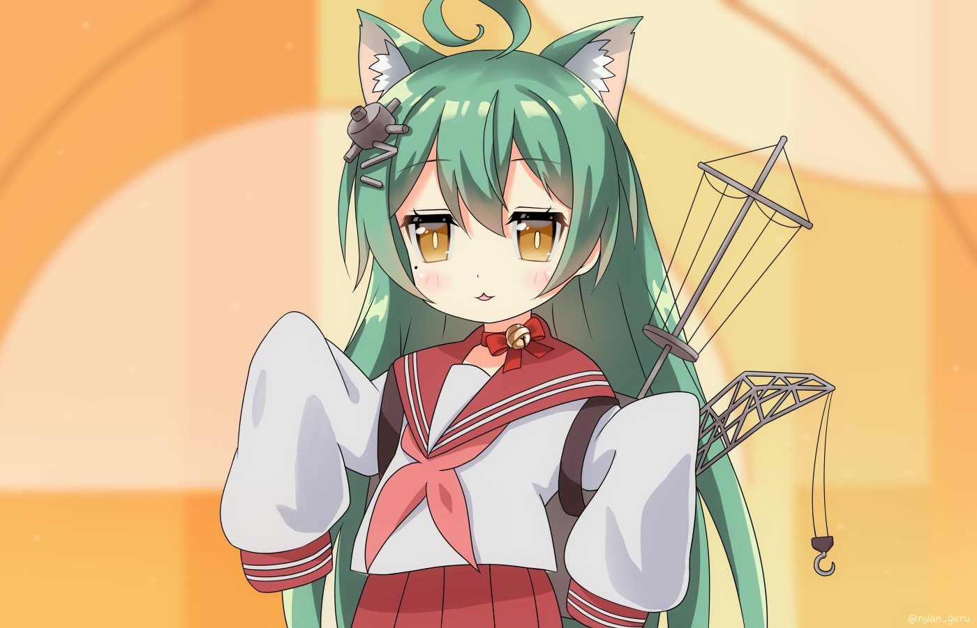 akashi_(azur_lane), animal_ears, anthropomorphism, azur_lane, bell, bow, catgirl, cat_smile, choker, cosplay, geru_nyan, green_hair, long_hair, lucky_star, ribbons, yellow_eyes
