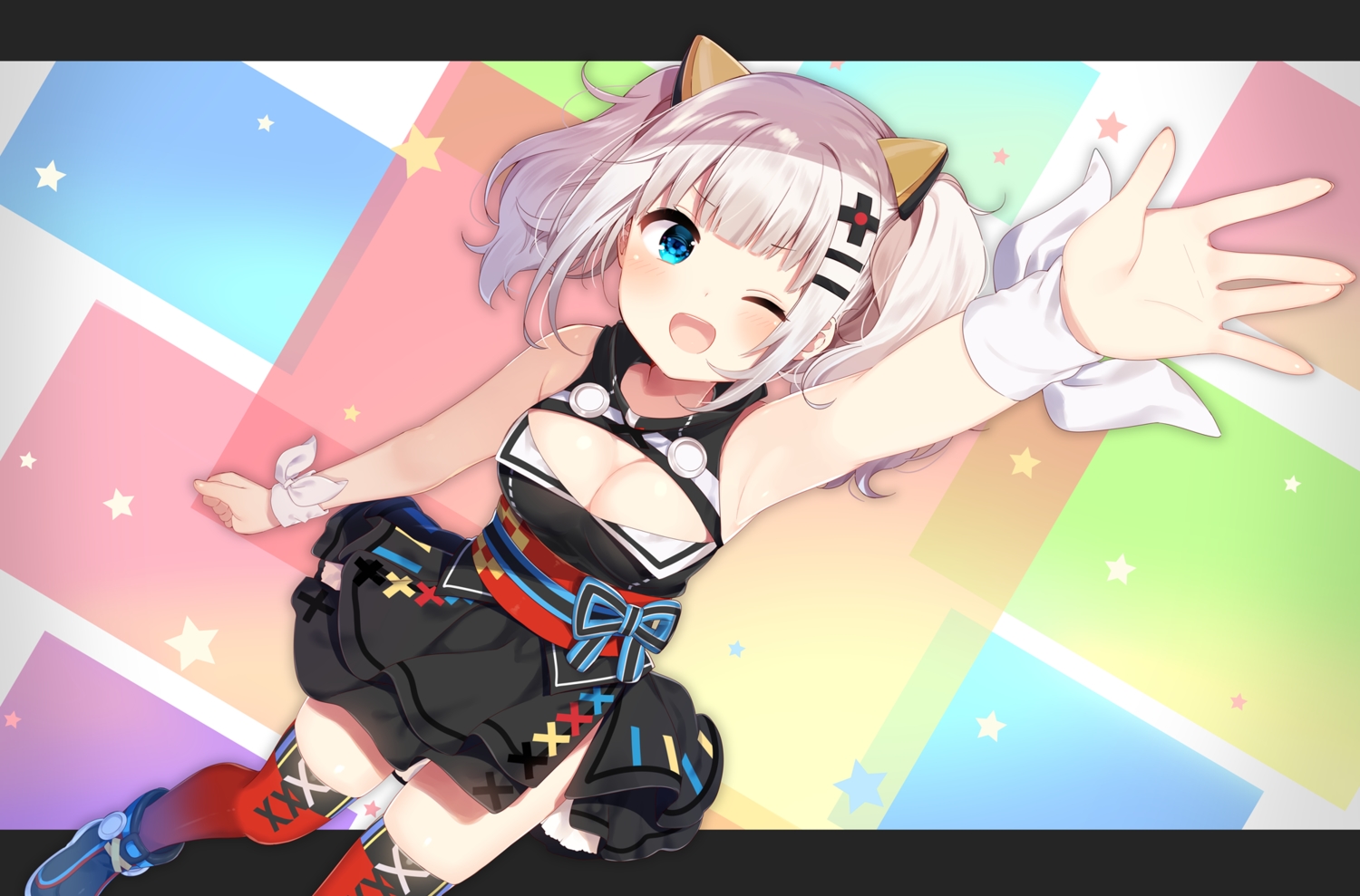 aqua_eyes, bandage, blush, boots, bow, breasts, cleavage, dress
