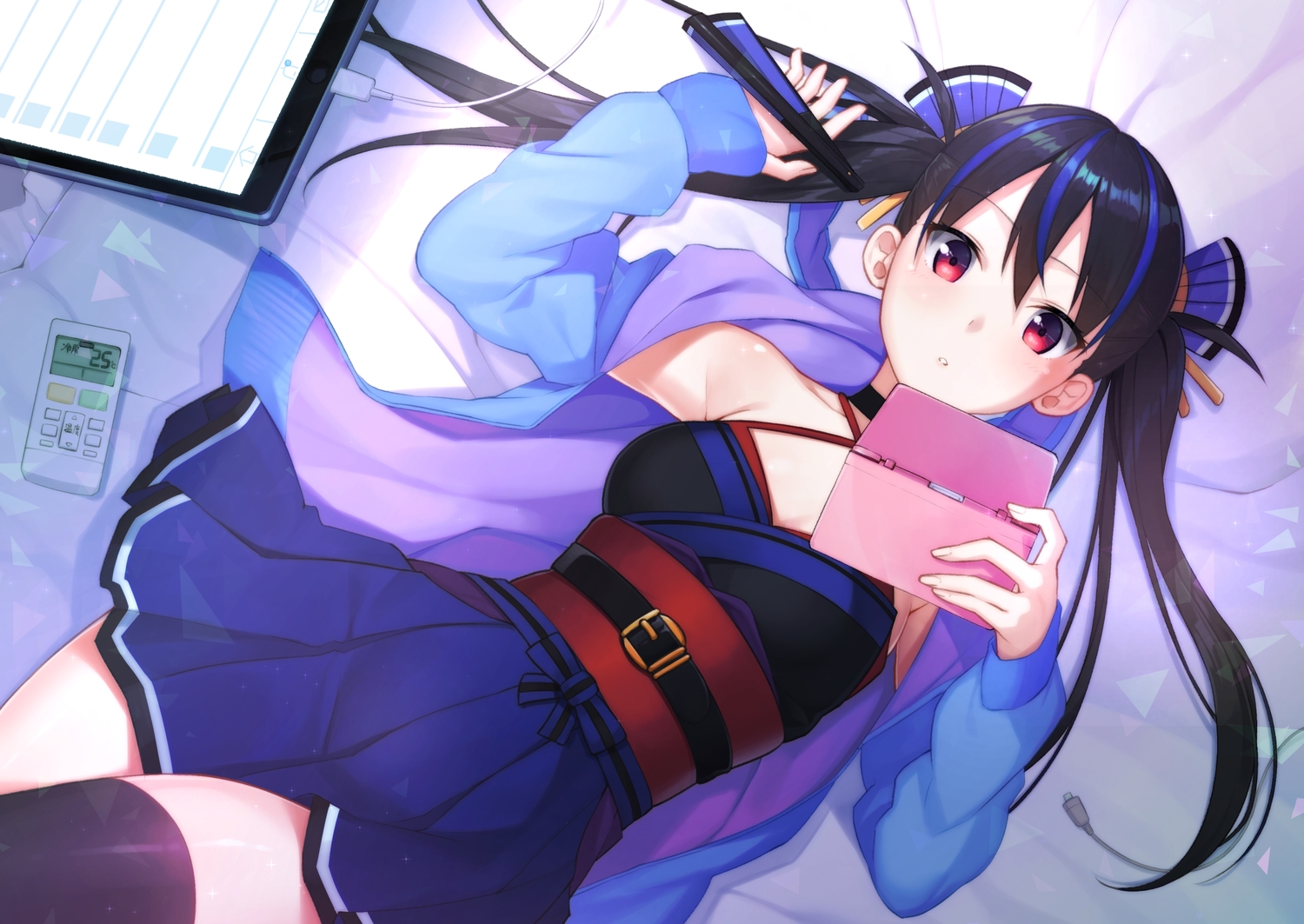 black_hair, choker, dress, fan, game_console, ginopi, hood, japanese_clothes