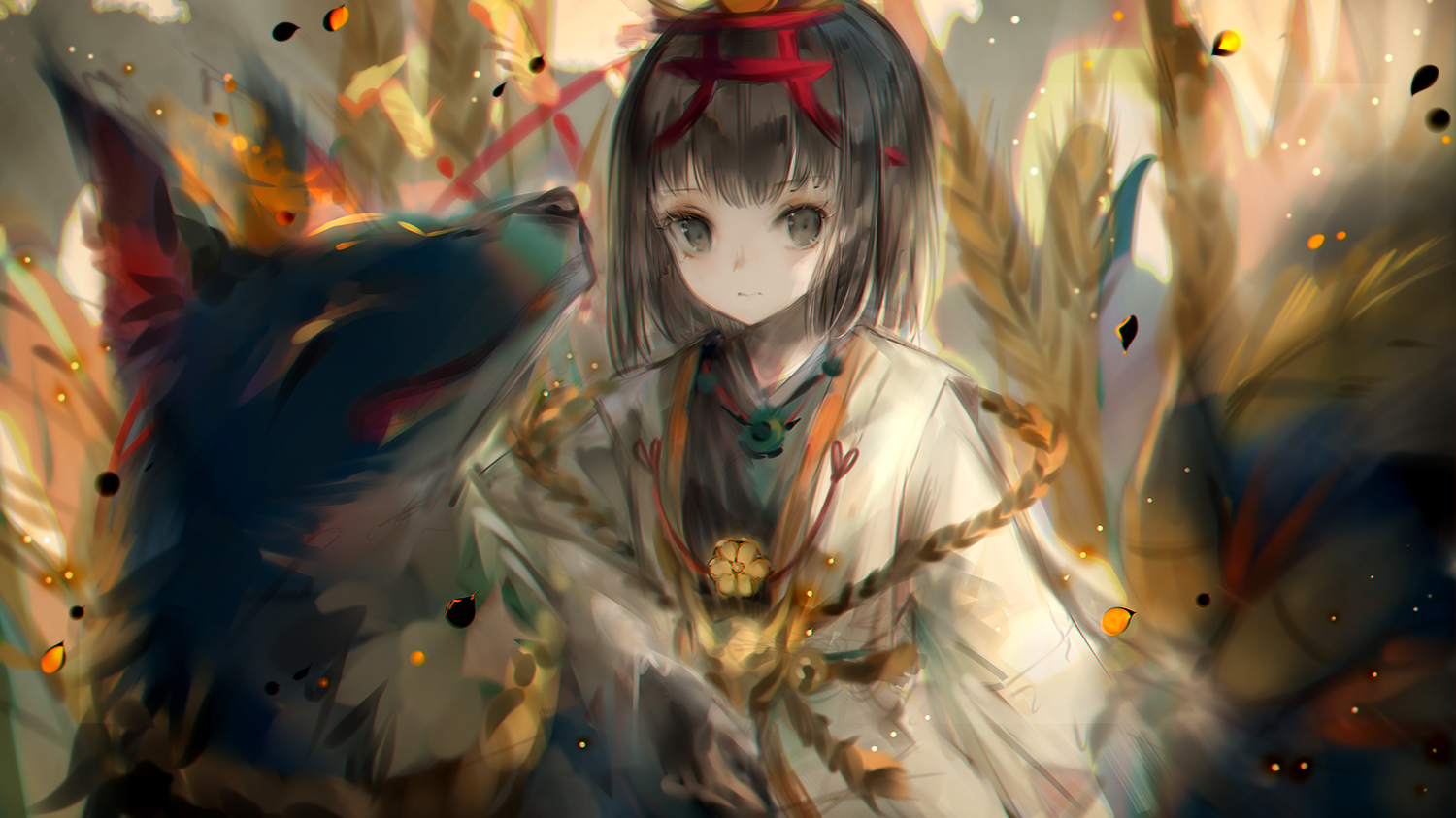 animal, black_eyes, black_hair, fox, headdress, japanese_clothes, loli, miketsu_(onmyouji)