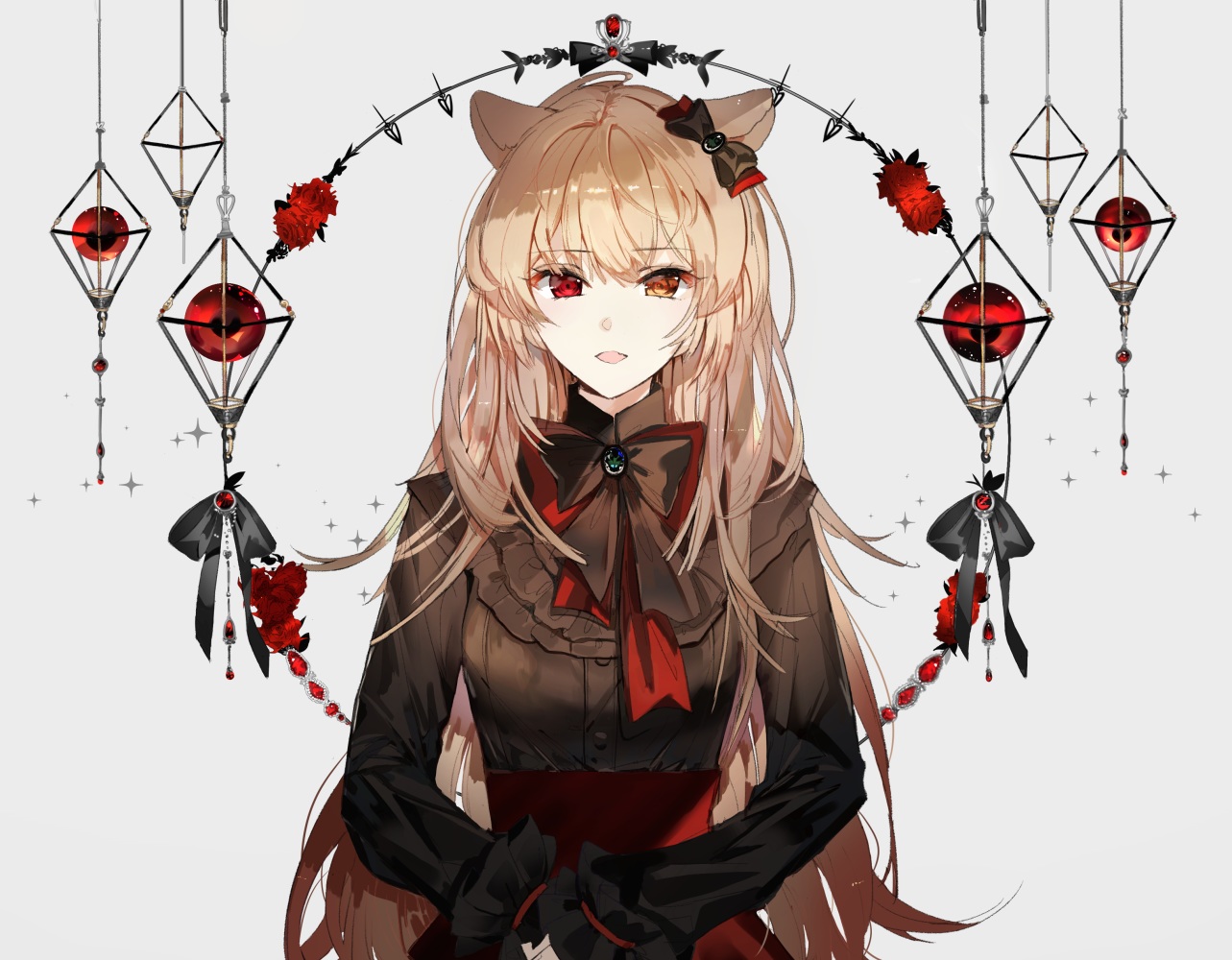 animal_ears, bicolored_eyes, blonde_hair, bow, flowers, goth-loli, lolita_fashion, long_hair