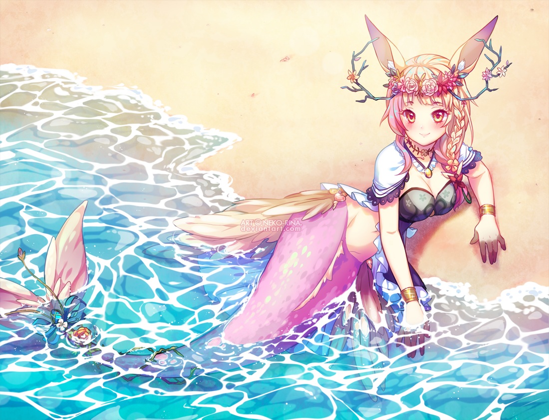 animal_ears, beach, blonde_hair, braids, breasts, cleavage, feathers, flowers