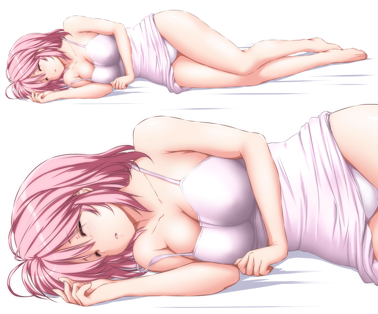 barefoot, breasts, cameltoe, cleavage, nori_tamago, panties, pink_hair, saigyouji_yuyuko, short_hair, sleeping, touhou, underwear