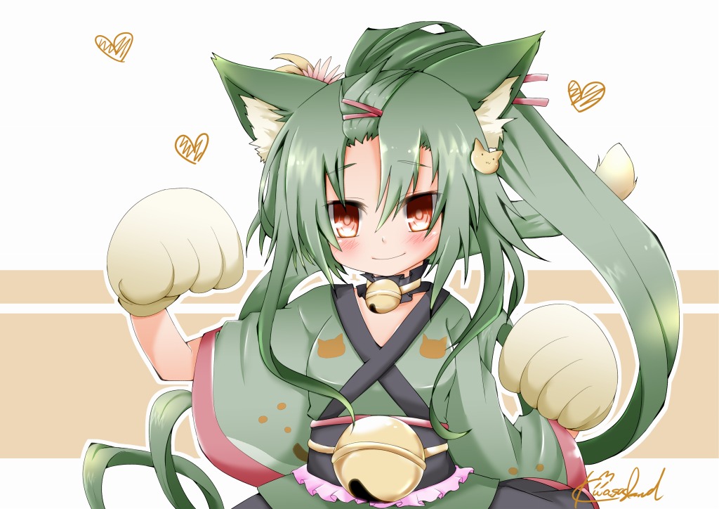 aliasing, animal_ears, anthropomorphism, bell, blush, catgirl, choker, flower_knight_girl, gloves, green_hair, japanese_clothes, kasagland, loli, long_hair, ponytail, red_eyes, sankaku_saboten_(flower_knight_girl), signed, tail, yukata