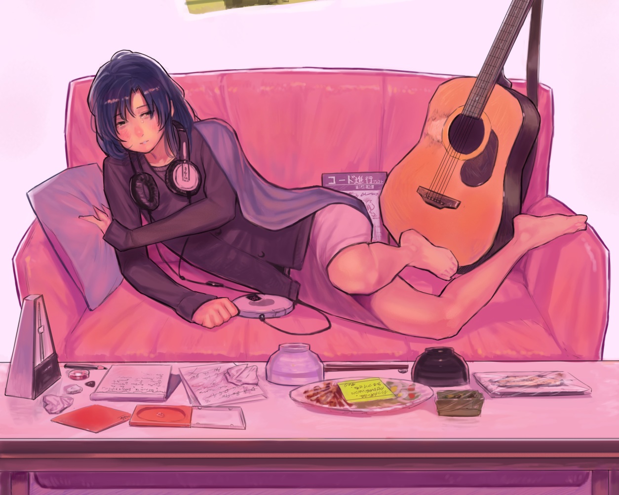 barefoot, bukimi_isan, couch, cropped, food, guitar, headphones, idolmaster