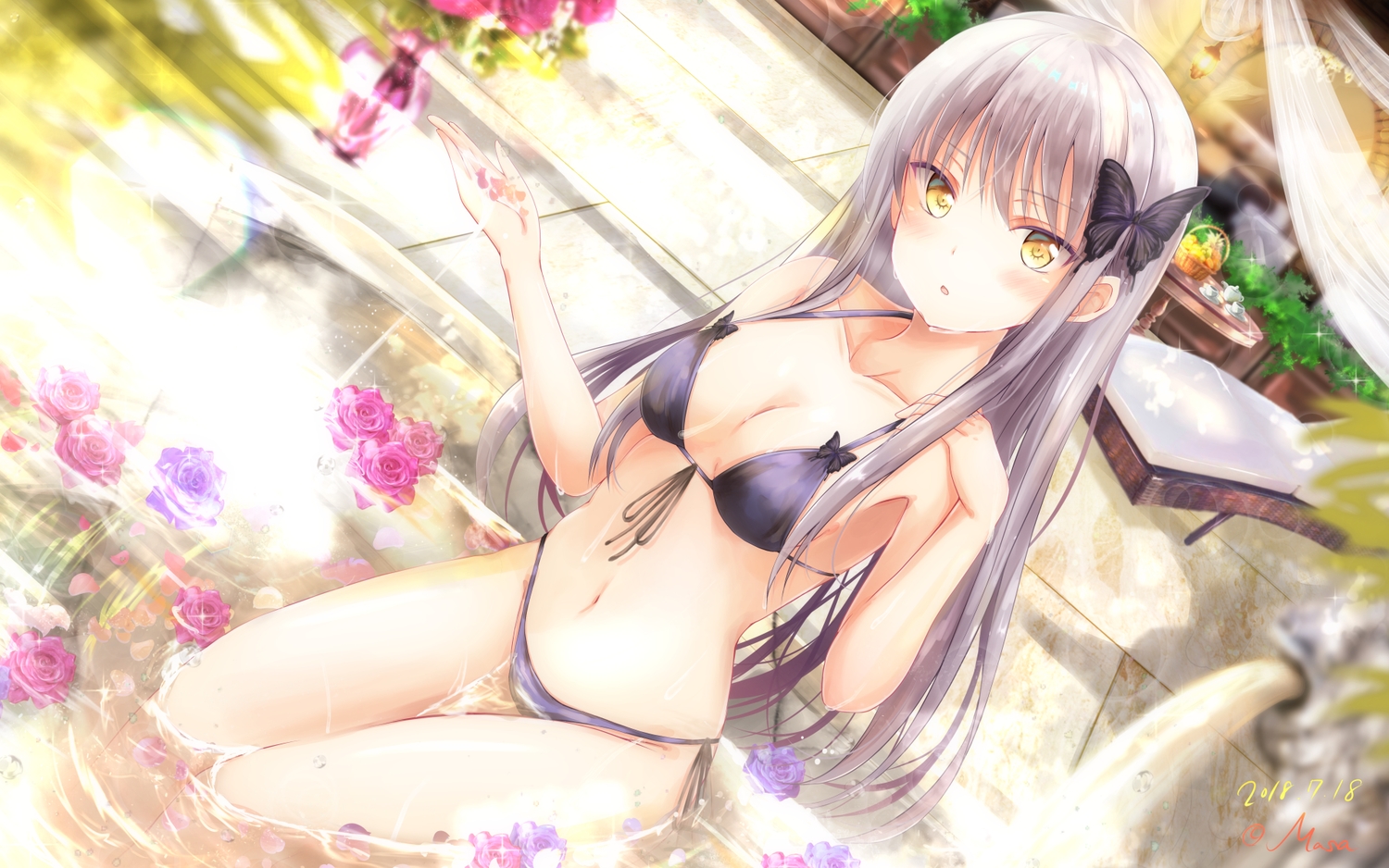 bang_dream!, bikini, gray_hair, long_hair, masa_(mirage77), minato_yukina, swimsuit, water, yellow_eyes
